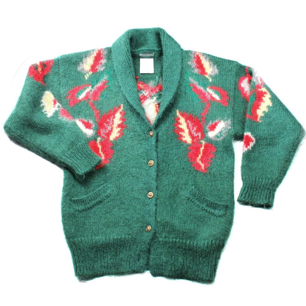 Vintage 90s Mohair Cardigan Sweater Shawl Collar Ribbed Knit Green Leafs Pockets - Picture 2 of 12